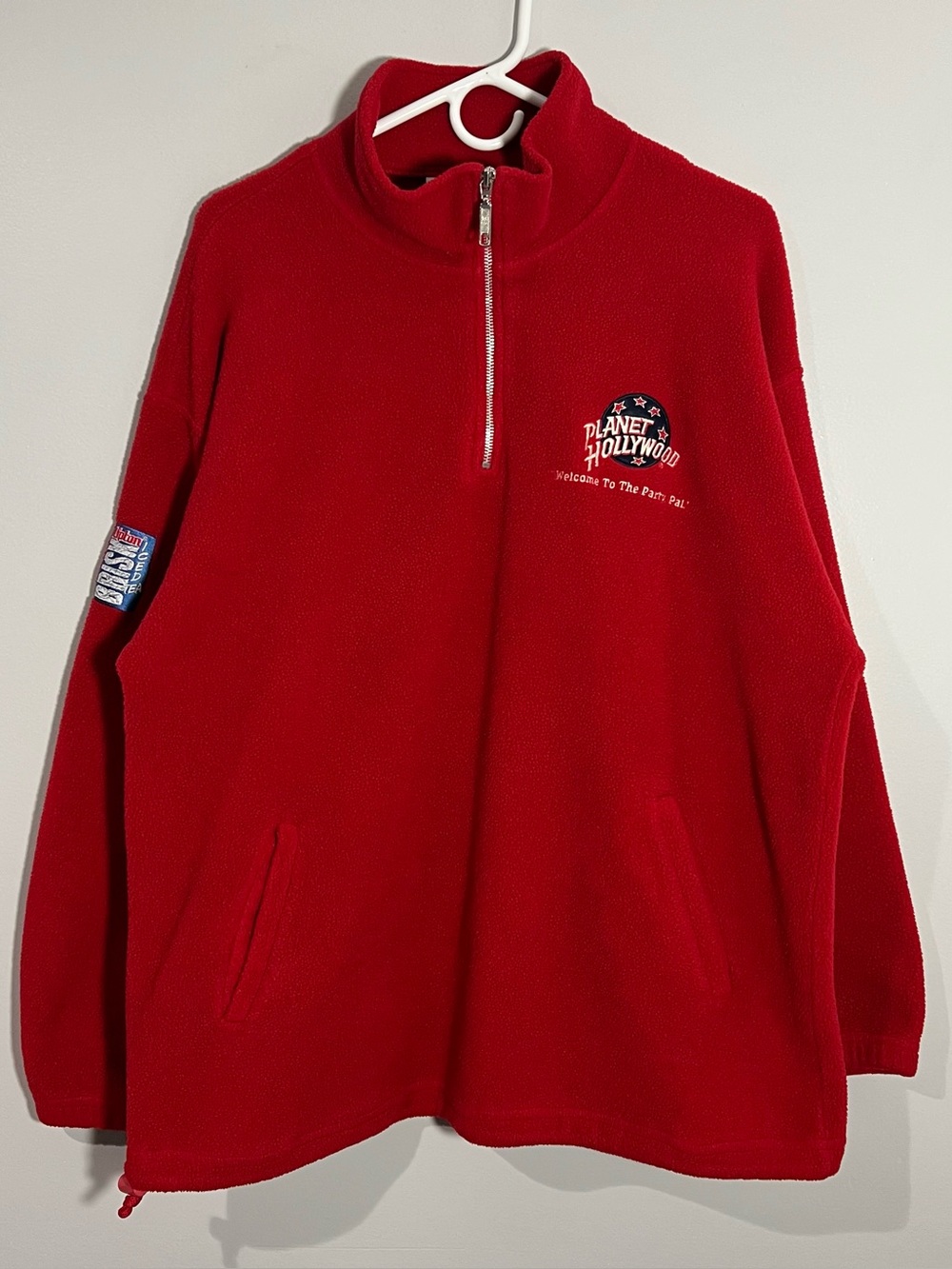 Vintage Planet Hollywood Party Brisk Red 1/4 Zip Fleece Sweatshirt Mens Large